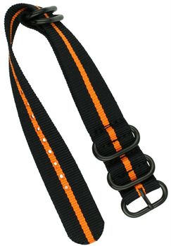 Pasek do zegarka NATO 013 w czarno-pomarańczowym kolorze. Długość 260 mm, szerokość 20 mm, stalowa sprzączka w czarnym kolorze. Idealny do zegarków casualowych i sportowych.1.jpg
